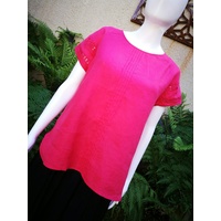 Jump Short Sleeve Pintuck Lace Detail Linen Top