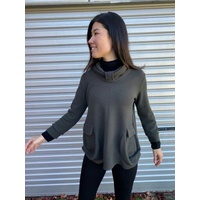 Olive Green Top with Feature Neck and Pockets by Domchi