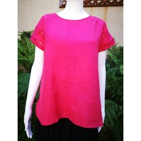 Jump Short Sleeve Pintuck Lace Detail Linen Top